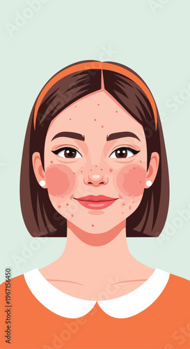 A vector illustration of a young girl with brown hair and light acne on her face