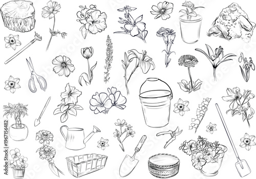 Large sketch garden set with flowers pots tools and blooming plants vector
