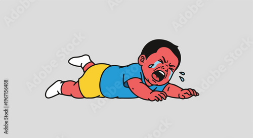A flat-style illustration of a red-skinned baby crying while lying on its belly