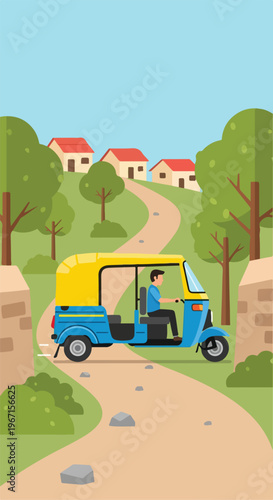 A man driving a blue and yellow motorized rickshaw on a rural winding dirt road