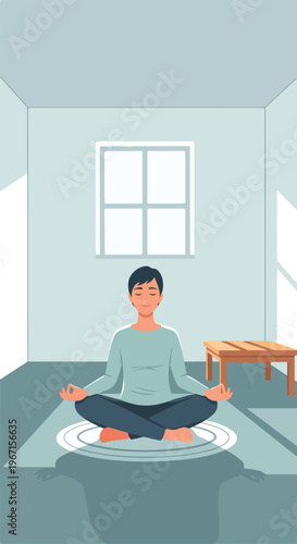 A person sits in a peaceful meditative pose on a circular mat in a quiet room