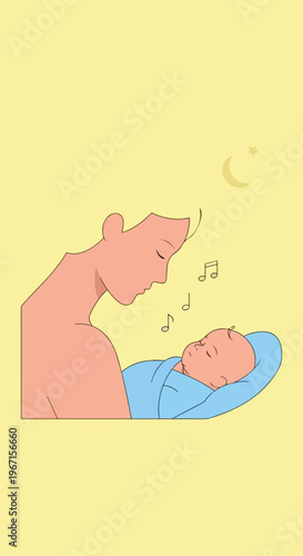 A parent sings a gentle lullaby to a newborn baby resting under a crescent moon