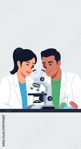A man and a woman in white lab coats peering into a laboratory microscope