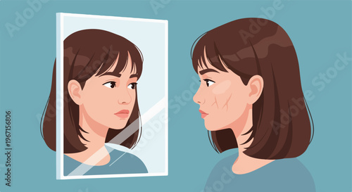 A woman looking at her reflection in a mirror showing skin scarring on her face