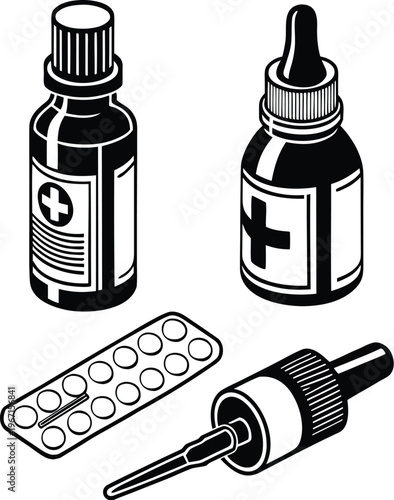 Medicine Dropper Bottle Icon Set Pharmacy Containers,Essential Oil Dropper Bottle Collection Vector