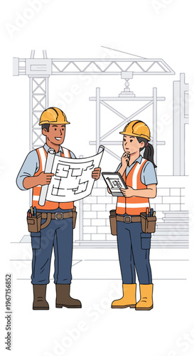 Two construction workers in safety gear discussing blueprints at a building site