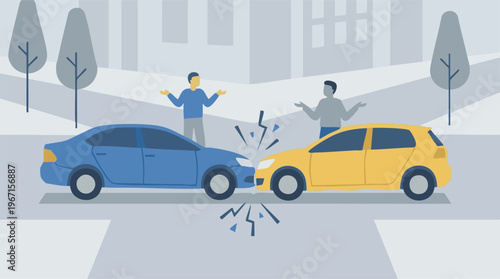 Car accident on a city street with two drivers discussing the damage