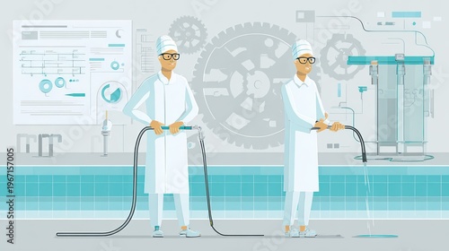 Wallpaper Mural Two workers in lab coats clean with hoses, against a backdrop of machinery and diagrams Torontodigital.ca