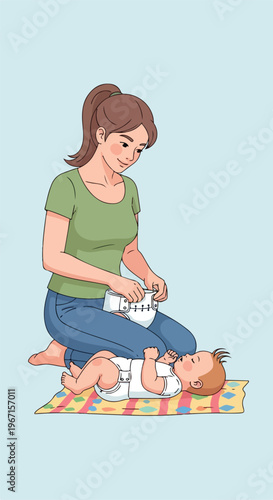 A smiling mother kneels while changing a baby's diaper on a colorful play mat