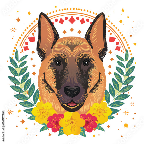 Vibrant illustration of a german shepherd dog adorned with floral elements