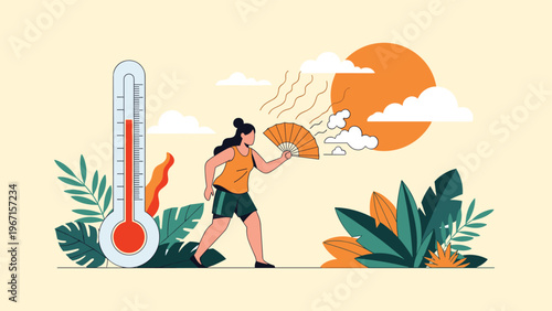 Woman fanning herself in intense heat near a large thermometer and scorching sun, depicting a heatwave and the struggles with high temperatures.