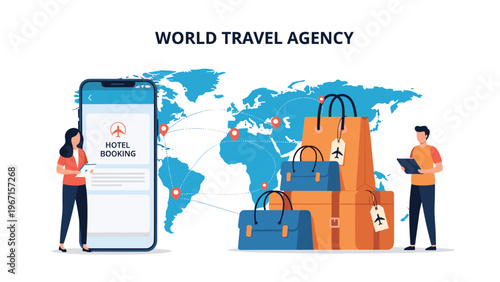 "World Travel Agency" concept with people booking hotels on a smartphone and luggage ready for travel, set against a global map background.
