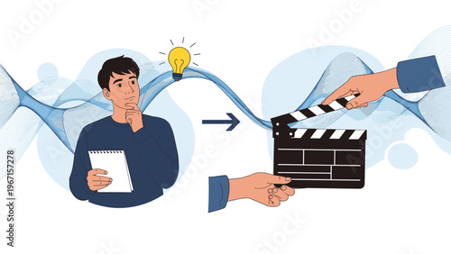 Creative person with a lightbulb idea and notebook, transitioning to a clapperboard, symbolizing the process of developing concepts into film production.