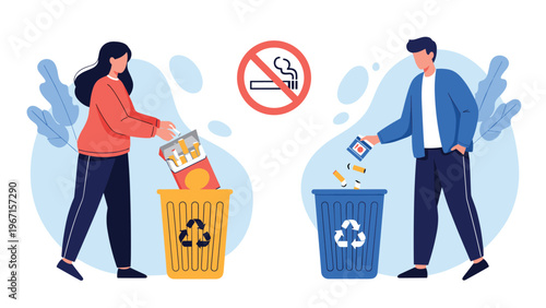 People discarding cigarettes into recycling bins under a "no smoking" sign, promoting healthy habits, waste management, and anti-smoking campaigns.
