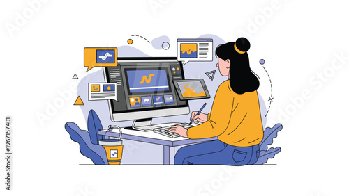 Female graphic designer working on a desktop computer and tablet with multiple interfaces, highlighting digital design, creativity, and multimedia projects.