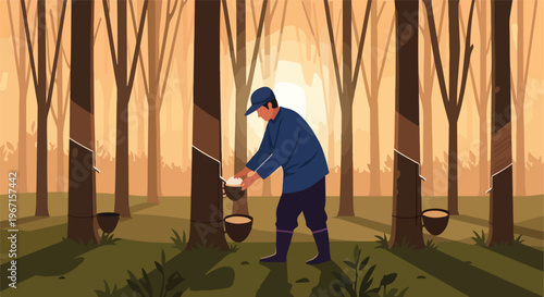 A worker harvests natural latex rubber from trees in a sunny plantation setting