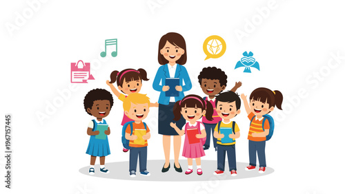 Happy diverse group of kindergarten children surrounding a friendly teacher, symbolizing early childhood education, learning, and playful interaction.
