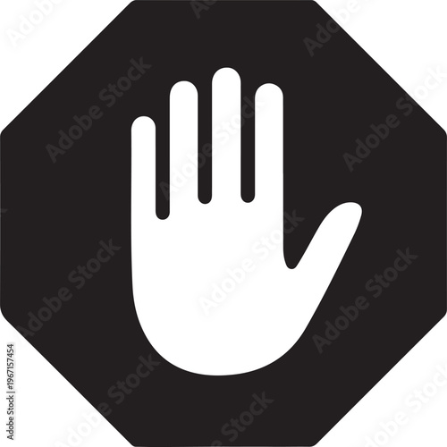 Stop hand gesture on black octagon prohibition warning