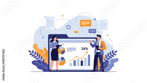 Business professionals analyzing financial growth charts and data on a large screen, representing business analytics, reporting, and strategic planning.