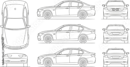 Car blueprint line drawings in top, side, front and rear views isolated on white background for automotive engineering design use