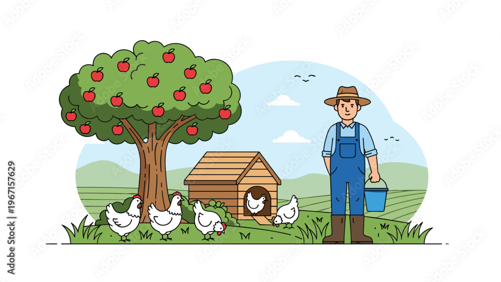 Fototapeta premium Farmer standing in a field next to an apple tree and a chicken coop with chickens, symbolizing rural life, agriculture, and sustainable farming.