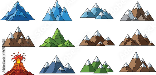 Mountain icons collection with snow peaks volcano and landscape variations colorful vector set for nature travel adventure and geology design illustration