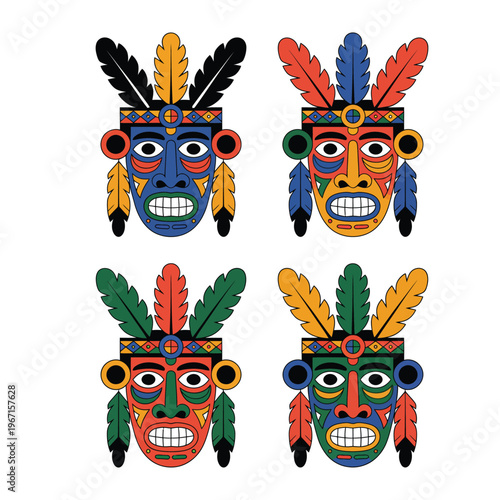Tribal Tiki Mask Vector Set with Colorful Indigenous Feather Headdress