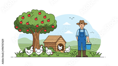 Farmer standing in a field next to an apple tree and a chicken coop with chickens, symbolizing rural life, agriculture, and sustainable farming.