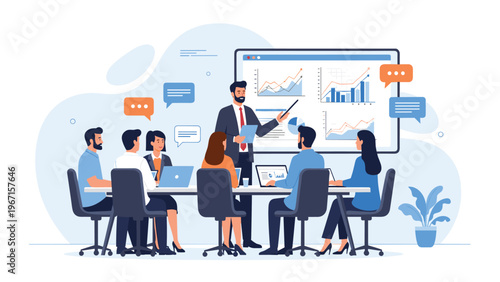Business leader giving a presentation with charts and graphs to a team in a meeting room, representing corporate strategy, data analysis, and teamwork.