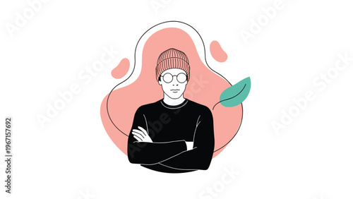 Stylish man with a beanie hat, round glasses, and crossed arms, portrayed against an abstract background, symbolizing modern fashion and confident attitude.