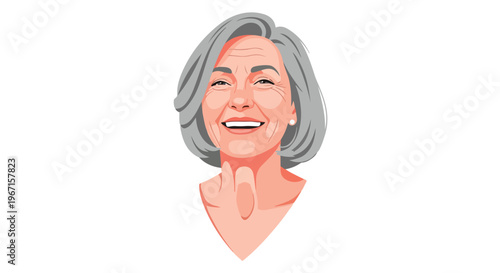 A vector illustration of a joyful senior woman with gray hair smiling brightly