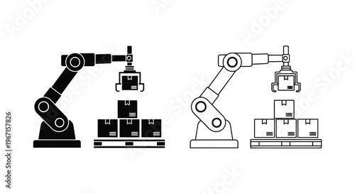 Two robotic arms lifting boxes depicted in a stark black silhouette