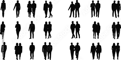 Collection of business people silhouettes walking and standing in pairs isolated on white background for corporate, teamwork and professional concept