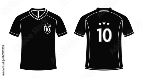 Black sports 10 number jersey design with number ten front and back view silhouette