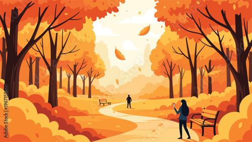 Picturesque autumn park scene with vibrant orange and yellow trees, falling leaves, benches, and people enjoying a peaceful walk.