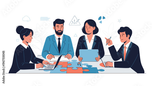 Diverse business team collaborating around a table with puzzle pieces, laptops, and documents, symbolizing teamwork, problem-solving, and strategic planning.