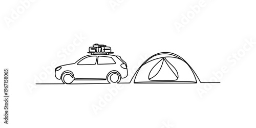 A single continuous line drawing of a small car with luggage on the roof parked near a camping tent Vector, illustration