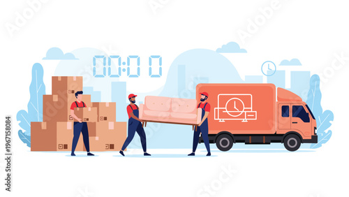 Three movers carrying boxes and a sofa onto a moving truck, with a timer, symbolizing fast, efficient moving services and logistics.