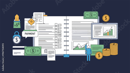 Financial planning concept featuring a large open ledger with charts, money, credit cards, and payment options, symbolizing accounting and investment.