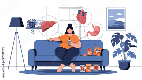 Overweight woman on a sofa eating snacks, with thought bubbles showing internal organs, symbolizing unhealthy lifestyle and related health risks.