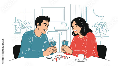 Happy young couple playing cards at a table with coffee, symbolizing leisure, social interaction, and enjoyable indoor activities.