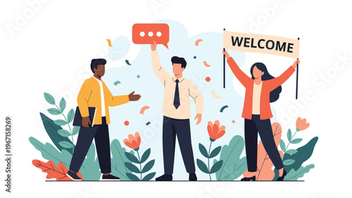 Diverse group of people holding a "WELCOME" banner, surrounded by flowers, symbolizing hospitality, community, and friendly greetings.