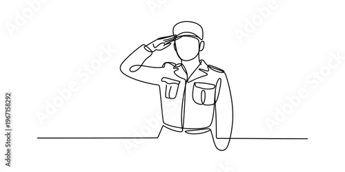 A single continuous line drawing of a military soldier saluting in a respectful and formal manner Vector, illustration