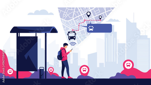 Man at a bus stop checking a navigation app on his phone with a city map and bus routes, symbolizing public transport and urban travel.