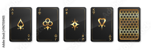 Golden high value playing cards. Ace, Queen, Jack and King. Spades, Hearts, Diamonds and Clubs. Front and back side. Vector illustration