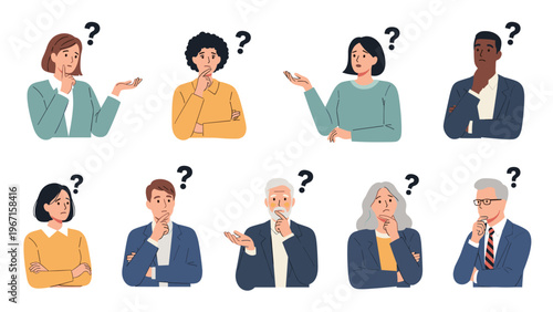 Diverse group of men and women of various ages with question marks above their heads, symbolizing confusion, doubt, and critical thinking.