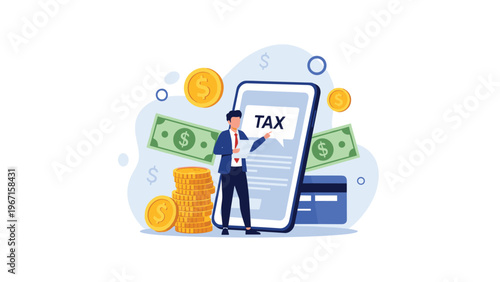 Businessman standing next to a smartphone with "TAX" displayed, surrounded by money and credit cards, symbolizing online tax filing and financial management.