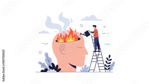 Man on a ladder watering a burning brain inside a human head, symbolizing stress relief, burnout prevention, and mental health care.