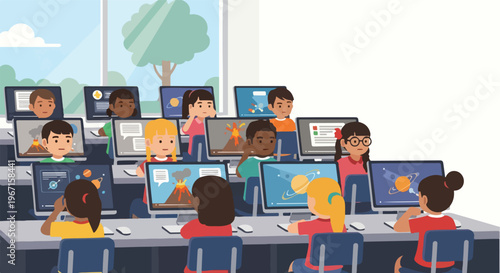 Diverse students sit at computer stations in a bright, modern school classroom