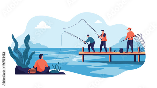 Group of men enjoying recreational fishing from a pier and shoreline, symbolizing outdoor hobbies, leisure, and relaxation by the water.